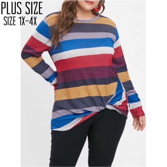 Plus Size Striped Twist Hem Long Sleeve Tee - Picture 2 of 9